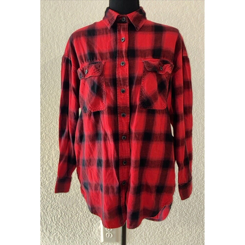 Mossimo Oversized Red Black Buffalo Plaid Flannel Boyfriend Tunic Shirt XS